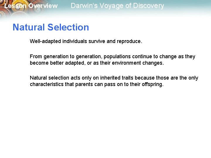 Lesson Overview Darwin’s Voyage of Discovery Natural Selection Well-adapted individuals survive and reproduce. From