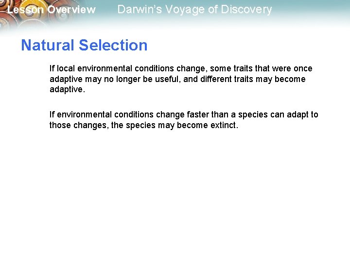Lesson Overview Darwin’s Voyage of Discovery Natural Selection If local environmental conditions change, some