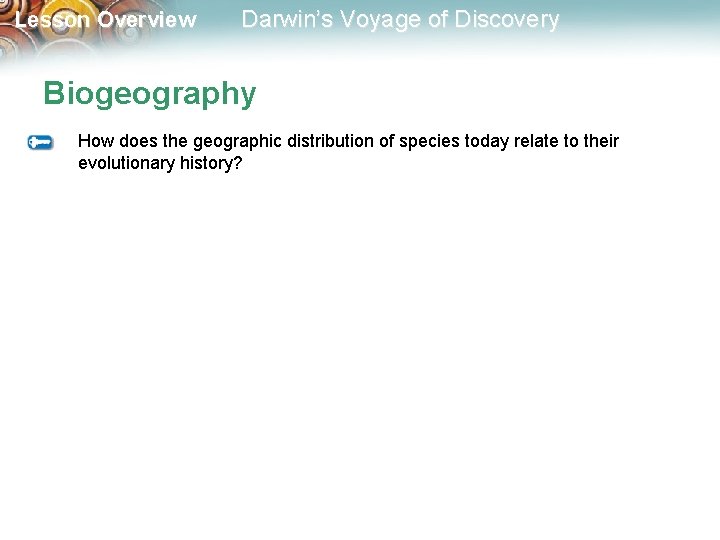 Lesson Overview Darwin’s Voyage of Discovery Biogeography How does the geographic distribution of species