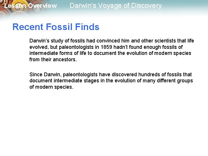 Lesson Overview Darwin’s Voyage of Discovery Recent Fossil Finds Darwin’s study of fossils had