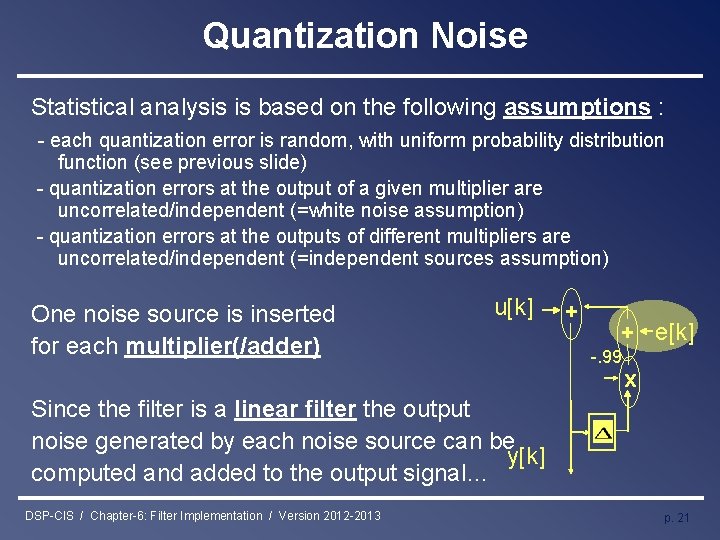 Quantization Noise Statistical analysis is based on the following assumptions : - each quantization