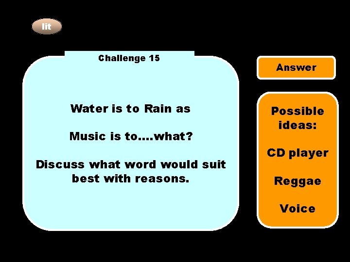 lit Challenge 15 Water is to Rain as Music is to…. what? Discuss what