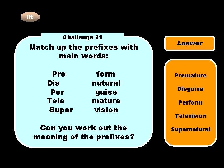 lit Challenge 31 Match up the prefixes with main words: Pre Dis Per Tele