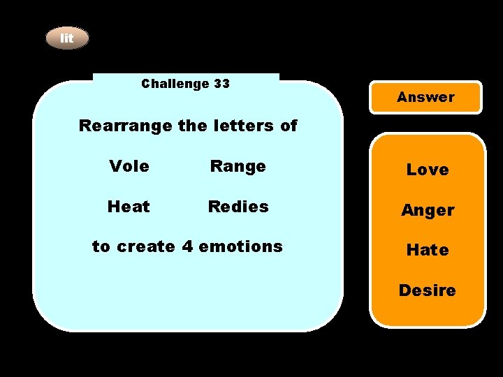 lit Challenge 33 Answer Rearrange the letters of Vole Range Love Heat Redies Anger