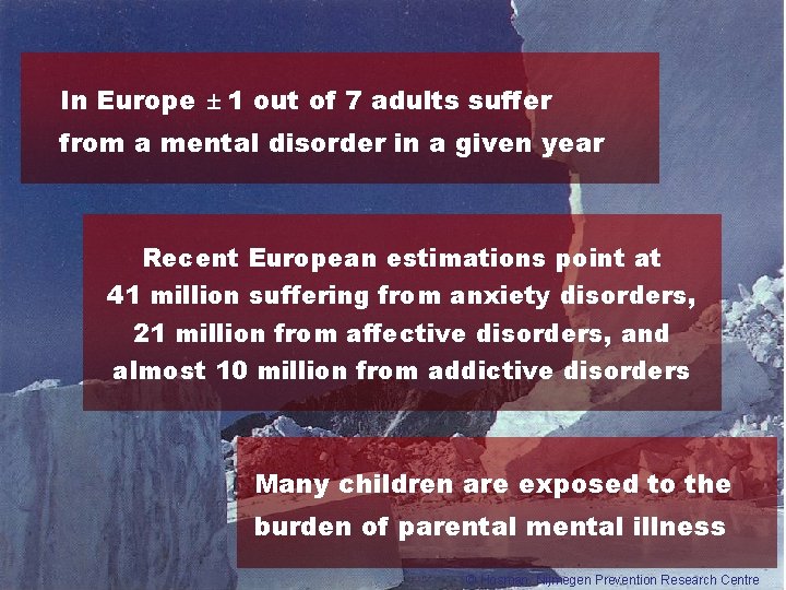 In Europe ± 1 out of 7 adults suffer from a mental disorder in