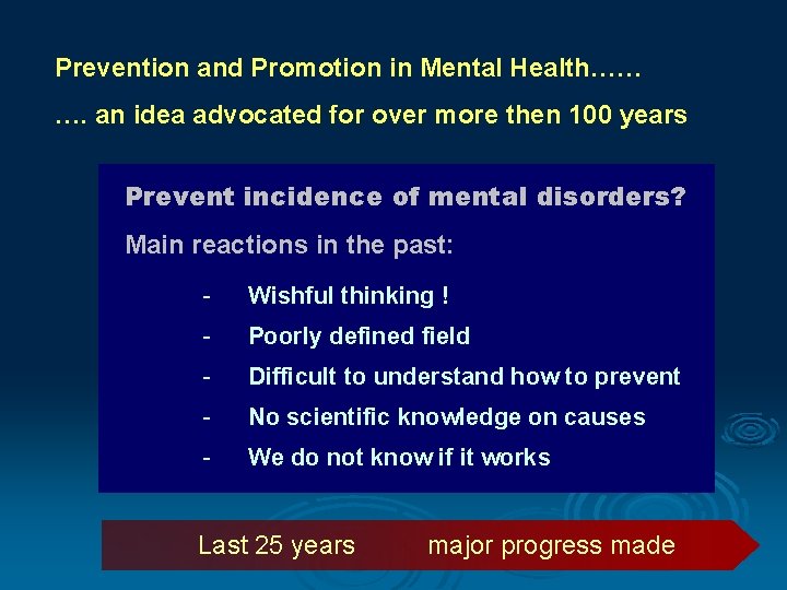 Prevention and Promotion in Mental Health…… …. an idea advocated for over more then