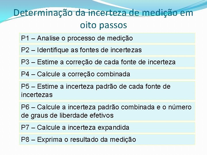 Determinação da incerteza de medição em oito passos P 1 – Analise o processo Determinação da incerteza de medição em oito passos P 1 – Analise o processo