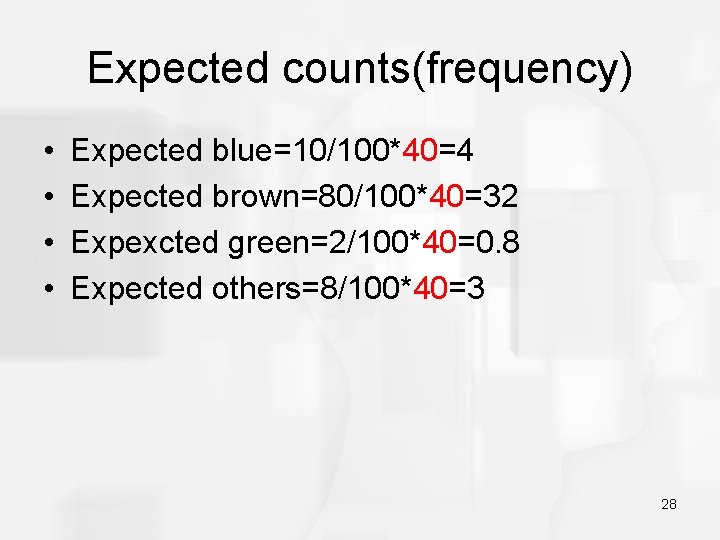 Expected counts(frequency) • • Expected blue=10/100*40=4 Expected brown=80/100*40=32 Expexcted green=2/100*40=0. 8 Expected others=8/100*40=3 28