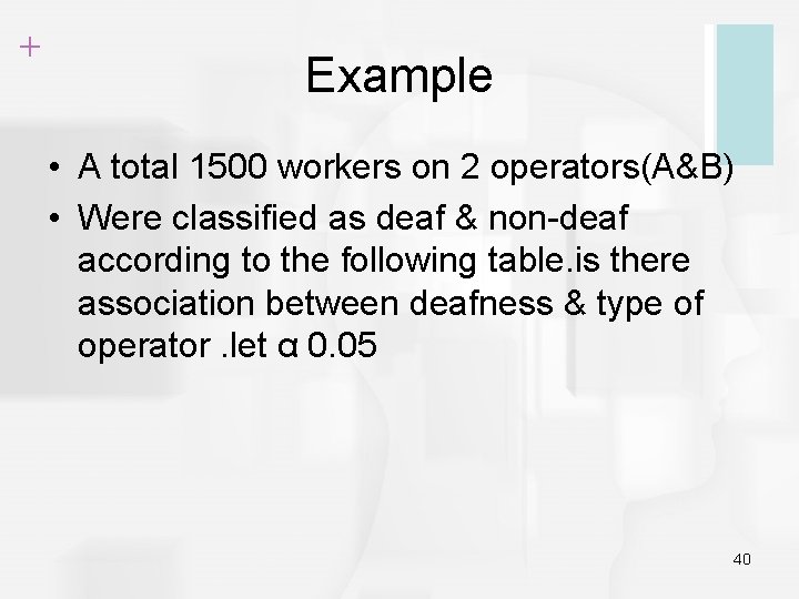 + Example • A total 1500 workers on 2 operators(A&B) • Were classified as