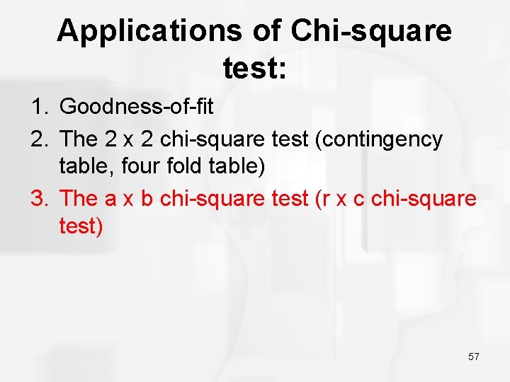 Applications of Chi-square test: 1. Goodness-of-fit 2. The 2 x 2 chi-square test (contingency