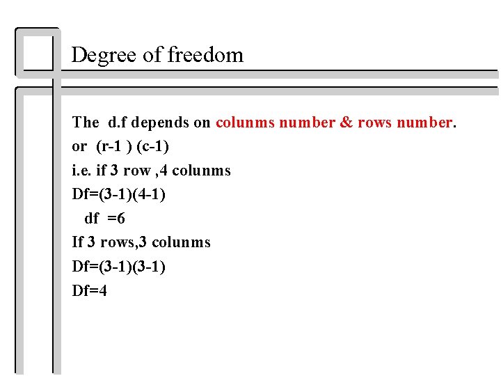 Degree of freedom The d. f depends on colunms number & rows number. or