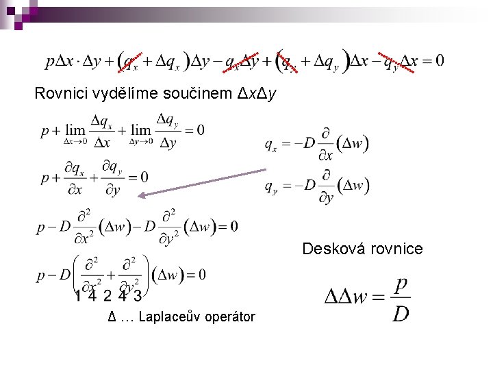 Rovnici vydělíme součinem ΔxΔy Desková rovnice Δ … Laplaceův operátor 