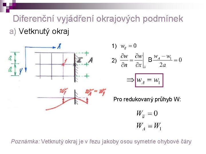 Diferenční vyjádření okrajových podmínek a) Vetknutý okraj 1) 2) Pro redukovaný průhyb W: Poznámka: