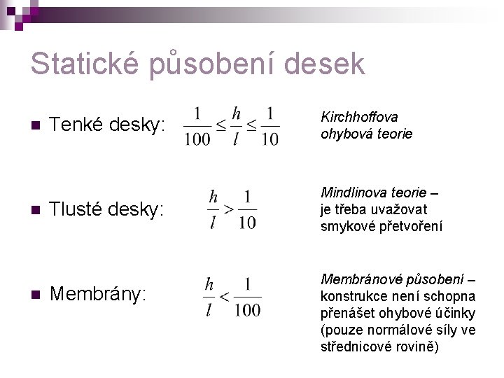 Statické působení desek n n n Tenké desky: Kirchhoffova ohybová teorie Tlusté desky: Mindlinova