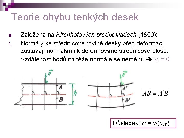 Teorie ohybu tenkých desek n 1. Založena na Kirchhofových předpokladech (1850): Normály ke střednicové