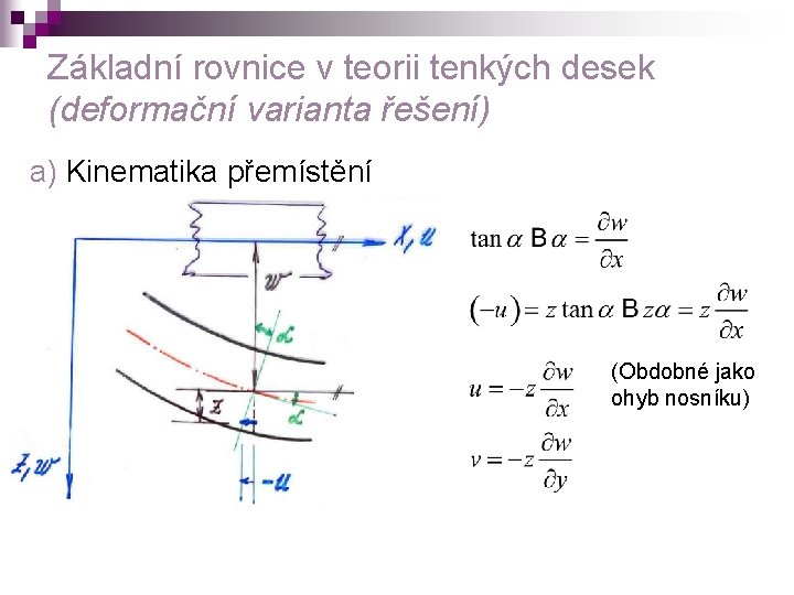 Základní rovnice v teorii tenkých desek (deformační varianta řešení) a) Kinematika přemístění (Obdobné jako