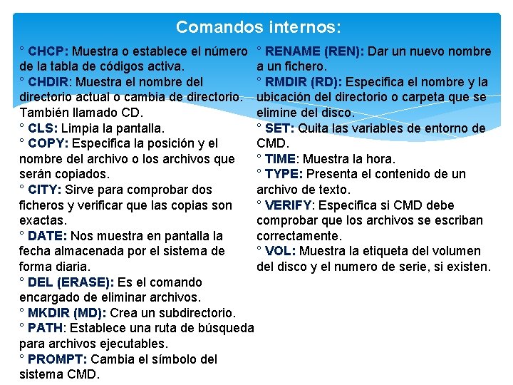 Comandos internos: ° CHCP: Muestra o establece el número ° RENAME (REN): Dar un Comandos internos: ° CHCP: Muestra o establece el número ° RENAME (REN): Dar un