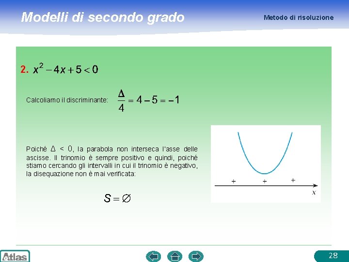 Modelli di secondo grado Metodo di risoluzione 2. Calcoliamo il discriminante: Poiché Δ <