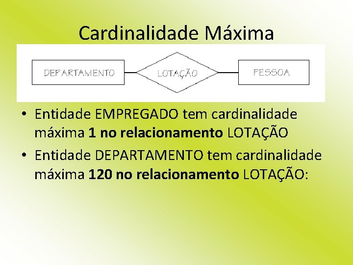 Cardinalidade Máxima • Entidade EMPREGADO tem cardinalidade máxima 1 no relacionamento LOTAÇÃO • Entidade