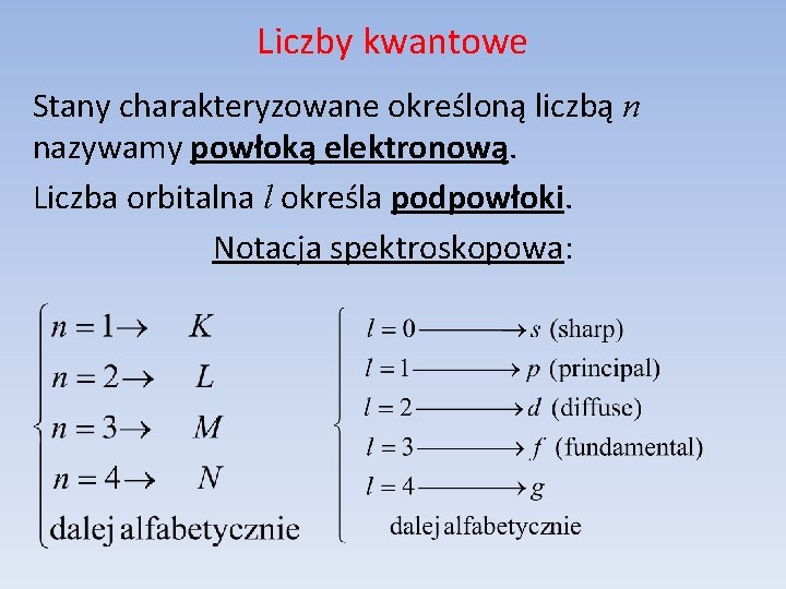 Liczby kwantowe Stany charakteryzowane określoną liczbą n nazywamy powłoką elektronową. Liczba orbitalna l określa