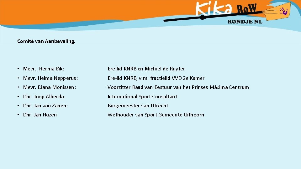 Comité van Aanbeveling. • Mevr. Herma Bik: Ere-lid KNRB en Michiel de Ruyter •