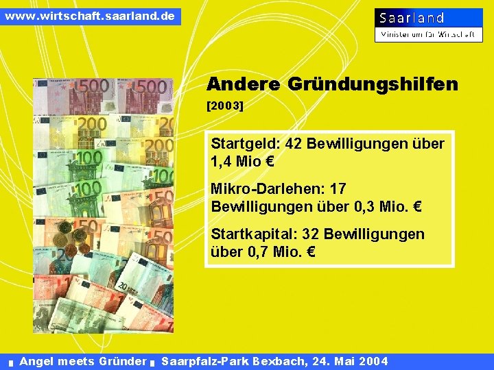 www. wirtschaft. saarland. de Andere Gründungshilfen [2003] Startgeld: 42 Bewilligungen über 1, 4 Mio