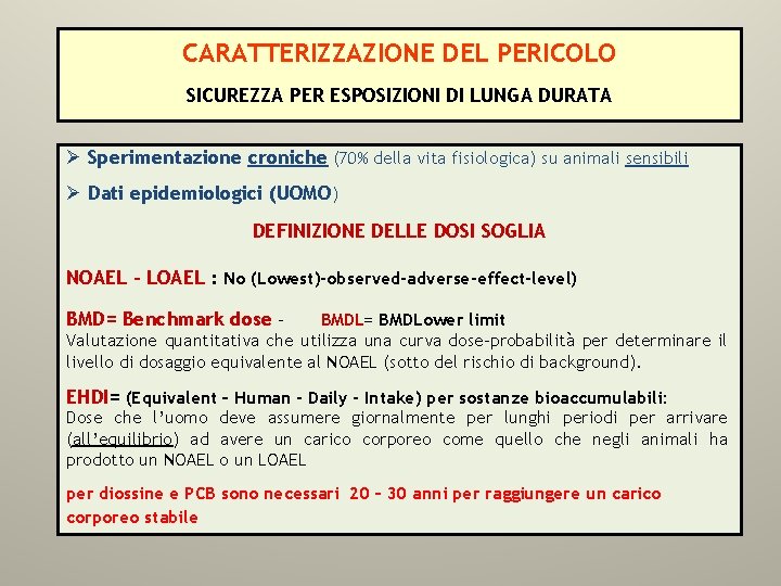 CARATTERIZZAZIONE DEL PERICOLO SICUREZZA PER ESPOSIZIONI DI LUNGA DURATA Ø Sperimentazione croniche (70% della