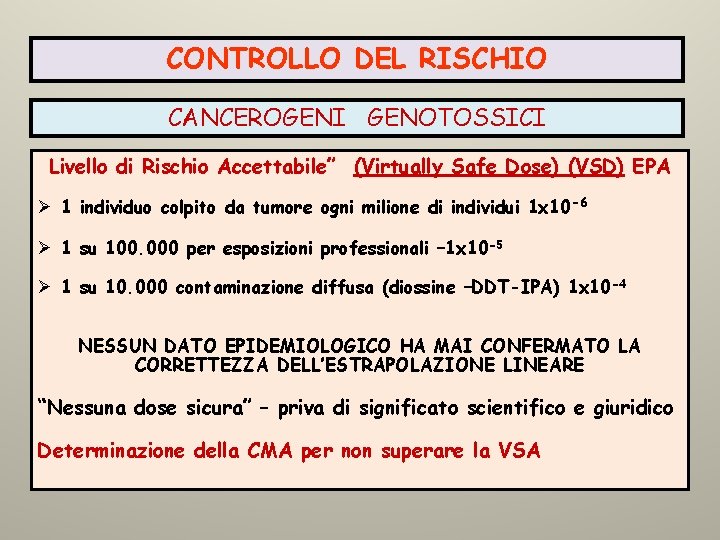 CONTROLLO DEL RISCHIO CANCEROGENI GENOTOSSICI Livello di Rischio Accettabile” (Virtually Safe Dose) (VSD) EPA