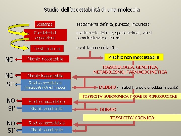 Studio dell’accettabilità di una molecola Sostanza NO NO SI’ esattamente definita, purezza, impurezza Condizioni