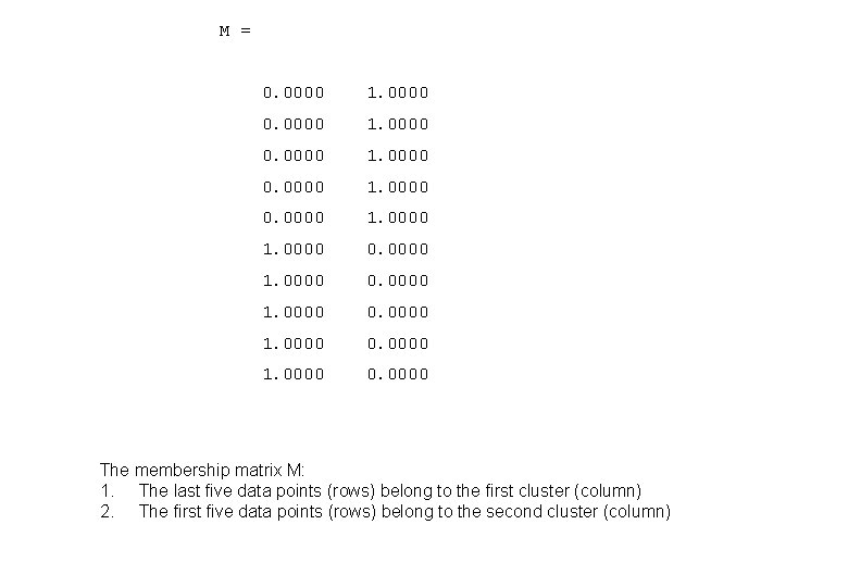 M = 0. 0000 1. 0000 0. 0000 The membership matrix M: 1. The M = 0. 0000 1. 0000 0. 0000 The membership matrix M: 1. The