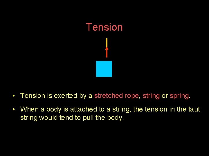 Tension • Tension is exerted by a stretched rope, string or spring. • When