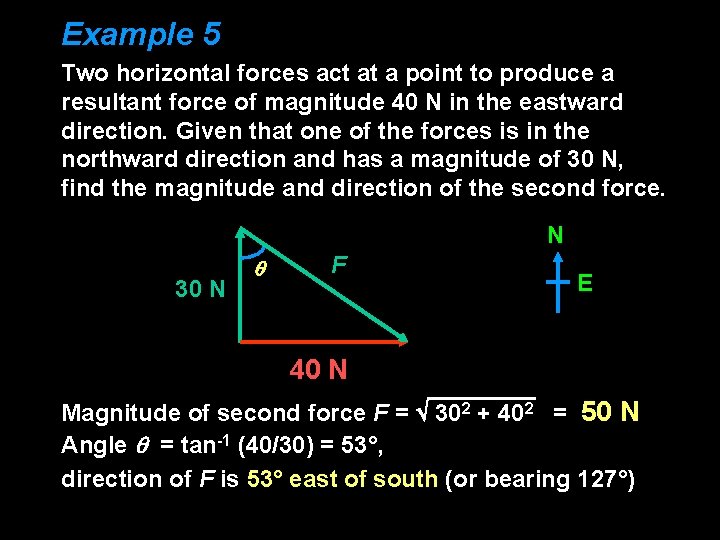 Example 5 Two horizontal forces act at a point to produce a resultant force