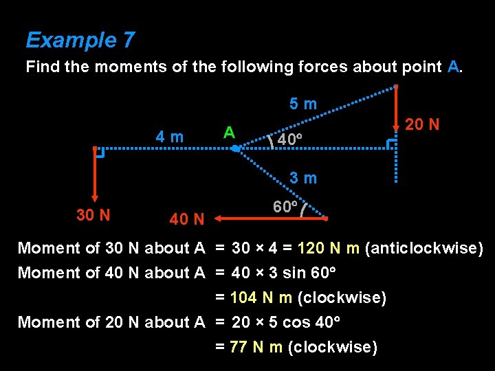 Example 7 Find the moments of the following forces about point A. 5 m