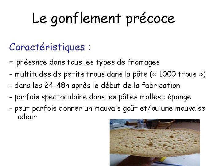 Le gonflement précoce Caractéristiques : - présence dans tous les types de fromages -