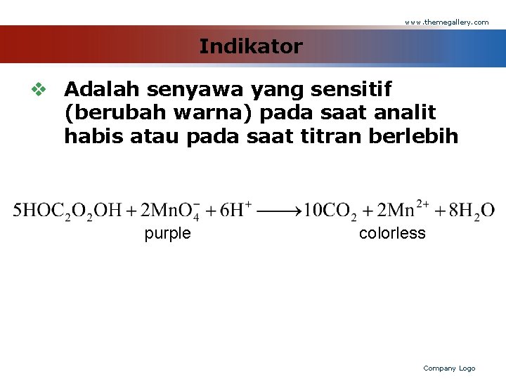 www. themegallery. com Indikator v Adalah senyawa yang sensitif (berubah warna) pada saat analit