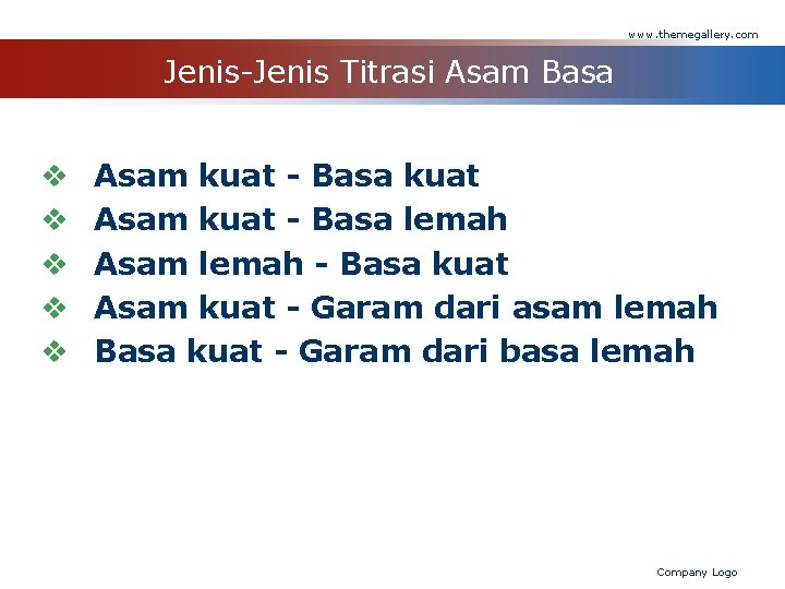 www. themegallery. com Jenis-Jenis Titrasi Asam Basa v v v Asam kuat - Basa