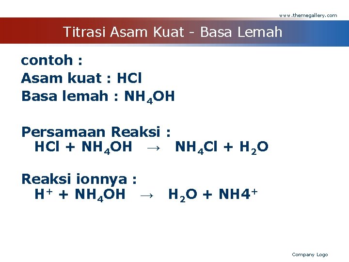 www. themegallery. com Titrasi Asam Kuat - Basa Lemah contoh : Asam kuat :