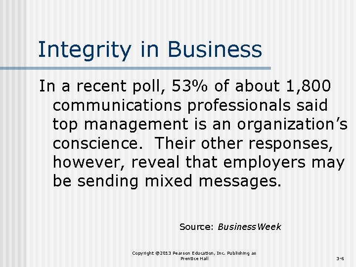 Integrity in Business In a recent poll, 53% of about 1, 800 communications professionals