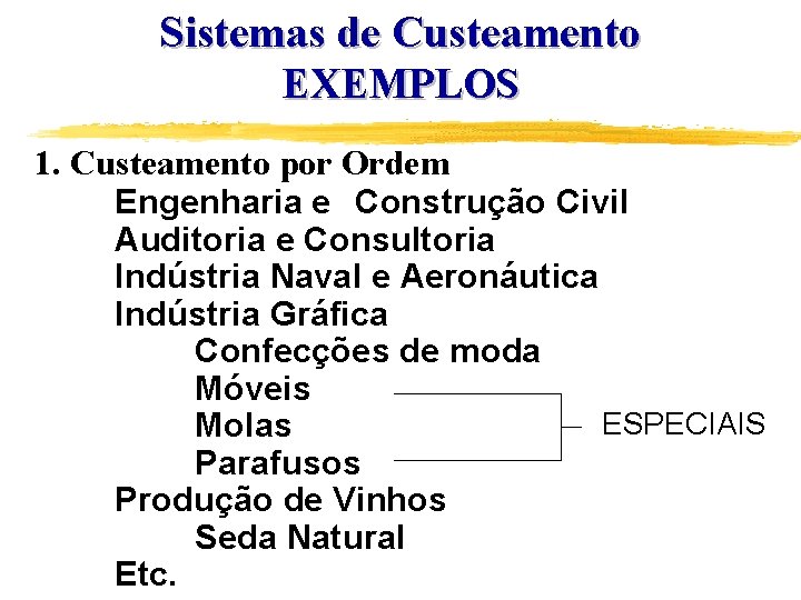 Sistemas de Custeamento EXEMPLOS 1. Custeamento por Ordem Engenharia e Construção Civil Auditoria e