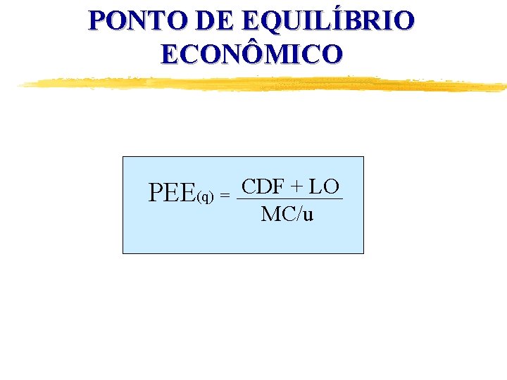 PONTO DE EQUILÍBRIO ECONÔMICO PEE(q) = CDF + LO MC/u 