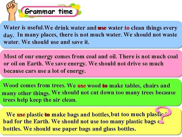 Grammar time Water is useful. We drink water and use water to clean things