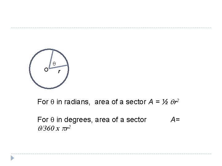 q O r For q in radians, area of a sector A = ½ q O r For q in radians, area of a sector A = ½
