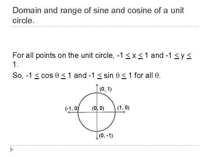 Domain and range of sine and cosine of a unit circle. For all points Domain and range of sine and cosine of a unit circle. For all points