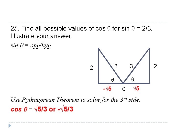 25. Find all possible values of cos q for sin q = 2/3. Illustrate 25. Find all possible values of cos q for sin q = 2/3. Illustrate