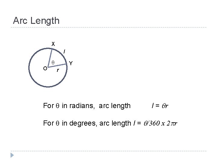 Arc Length X l q O Y r For q in radians, arc length Arc Length X l q O Y r For q in radians, arc length