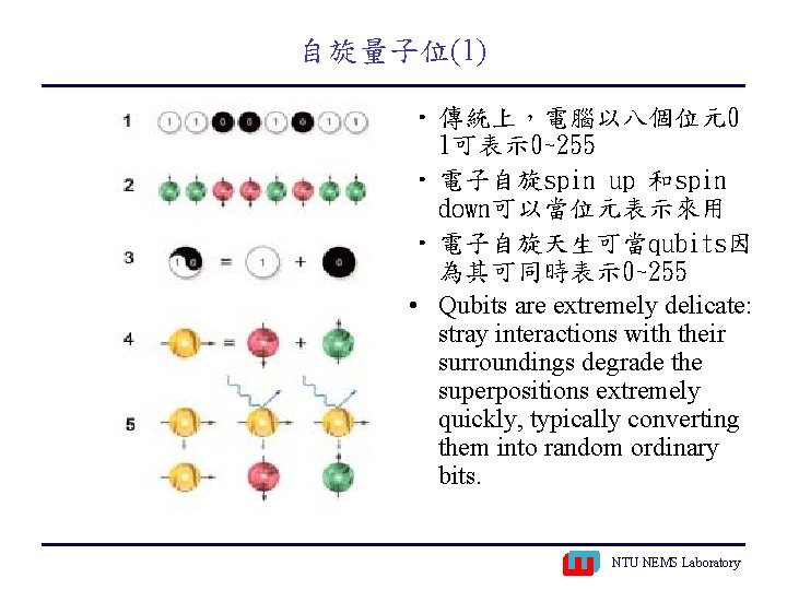 自旋量子位(1) • 傳統上，電腦以八個位元0 1可表示 0~255 • 電子自旋spin up 和spin down可以當位元表示來用 • 電子自旋天生可當qubits因 為其可同時表示 0~255