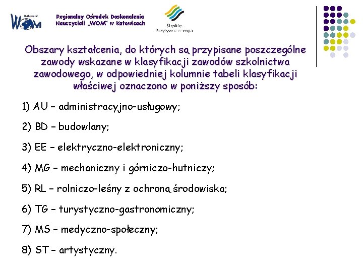 Regionalny Ośrodek Doskonalenia Nauczycieli „WOM” w Katowicach Obszary kształcenia, do których są przypisane poszczególne