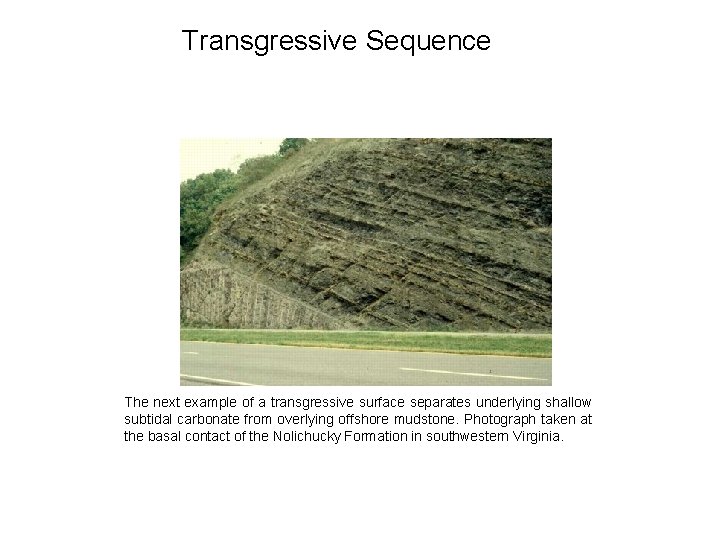 Transgressive Sequence The next example of a transgressive surface separates underlying shallow subtidal carbonate