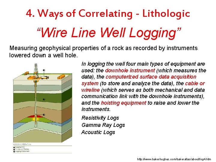 4. Ways of Correlating - Lithologic “Wire Line Well Logging” Measuring geophysical properties of