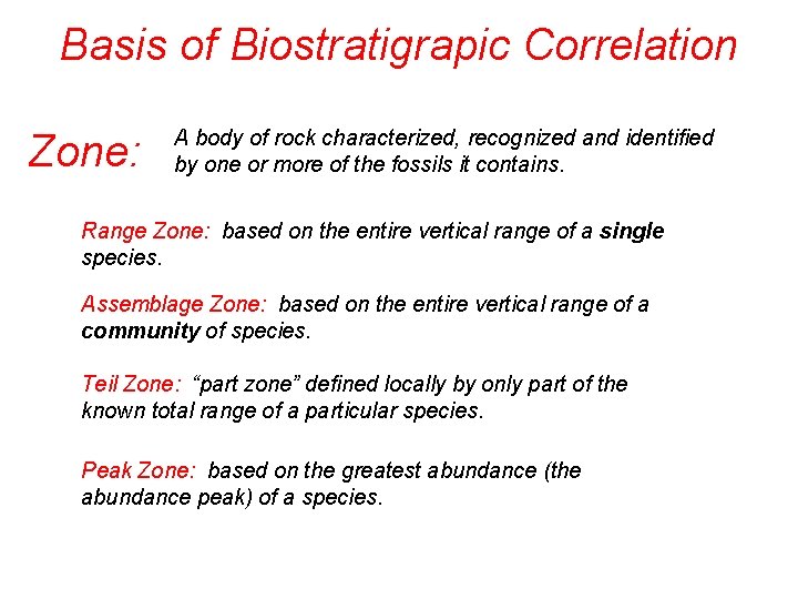 Basis of Biostratigrapic Correlation Zone: A body of rock characterized, recognized and identified by